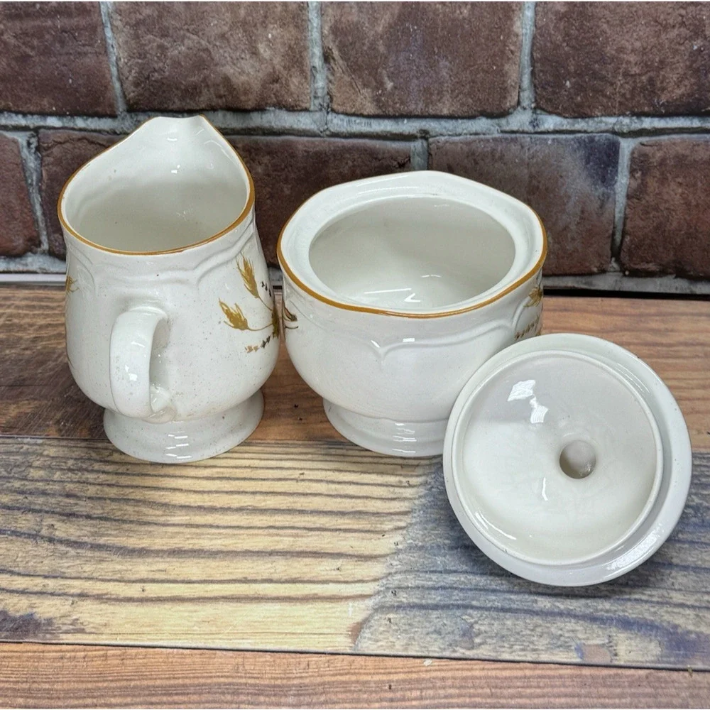 Vintage 1970s Sangostone Autumn Wheat Creamer‎ & Sugar bowl w Lid Set Korea